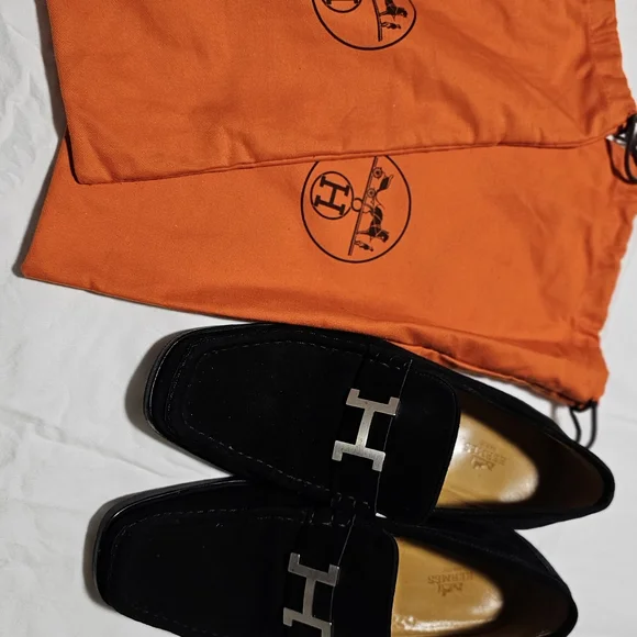 Hermes Black Suede Loafers with Silver Accent